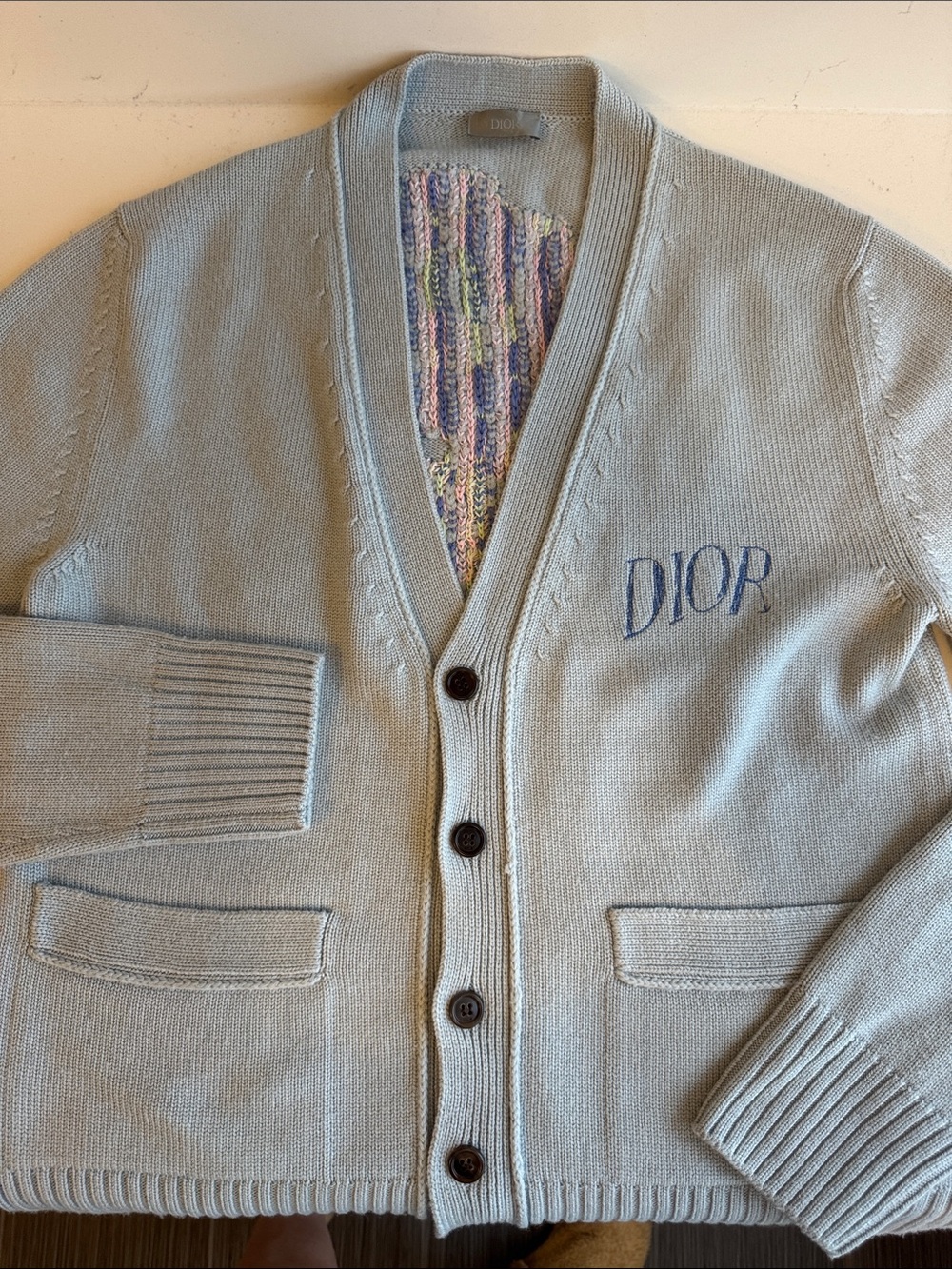 Dior Baby Blue Embroidered Sweater cardigan with Multicolor Rose Back